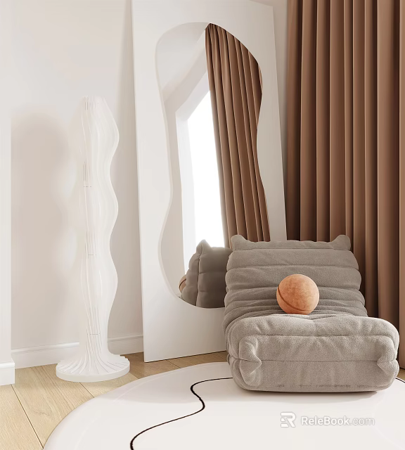 Comfy Lazy Sofa In Cozy Room With Brown Curtains White Floor Lamp Mirror And Decorative Ball 3d model 