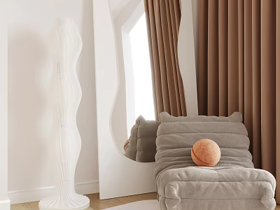 Comfy Lazy Sofa In Cozy Room With Brown Curtains White Floor Lamp Mirror And Decorative Ball 3d model