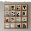 Stylish Wooden Bookshelf with Layered Compartments and Black White Red Book Covers