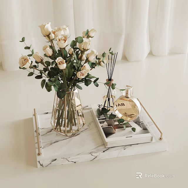 Beige Roses in Glass Vase on Marble Tray with Diffuser Perfume and White Curtains 3d model 