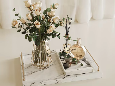 Beige Roses in Glass Vase on Marble Tray with Diffuser Perfume and White Curtains 3d model
