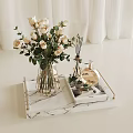 Beige Roses in Glass Vase on Marble Tray with Diffuser Perfume and White Curtains