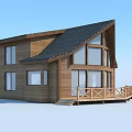 Modern Wooden House with Large Windows Black Roof and Wooden Balcony Railing