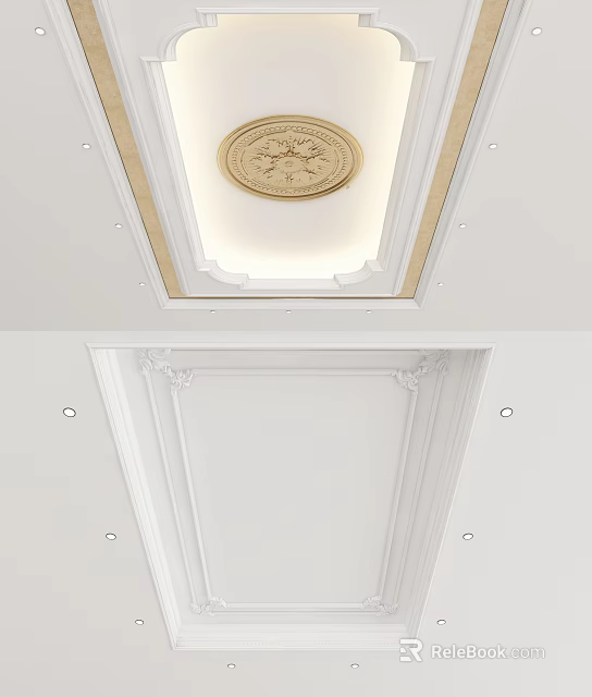 Elegant Ceiling Design With Decorative Moldings Recessed Lights And Central Panel 3d model