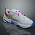 Gray Sports Shoes Featuring Pink Accents Yellow Logo And Blue Sole Design
