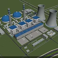 Industrial Plant Complex With Cooling Towers Chimneys Blue Roofed Buildings Circular Tanks And Green Areas