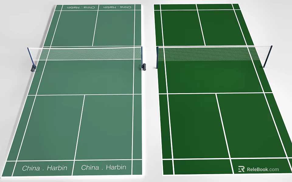 Green Tennis Court With White Lines And Net In Harbin China 3d model 