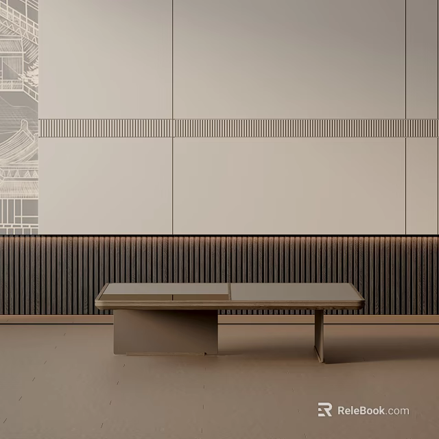 Light Sofa Coffee Table Set With Horizontal Striped Light Wall And Dark Vertical Panels 3d model