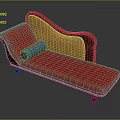 Antique Chaise Lounge With Red Upholstered Seat Yellow Patterned Backrest And Blue Cylindrical Cushion