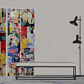 Colorful Decorative Screen With Modern Bench And Black Floor Lamp In Artistic Interior