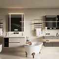 Modern Bathroom Interior Featuring Stylish Washbasin Mirror Towel Rack And Bathtub