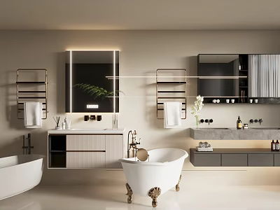 Modern Bathroom Interior Featuring Stylish Washbasin Mirror Towel Rack And Bathtub 3d model