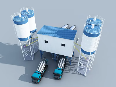 Large Scale Industrial Concrete Mixing Equipment With Silos Trucks And Control Building 3d model