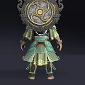 Man In Ancient Warrior Armor With Elaborate Decorative Patterns And Ornate Shield
