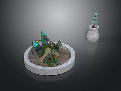 Round Stone Platform With Green Plant Sculpture And White Vase 3d model