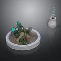 Round Stone Platform With Green Plant Sculpture And White Vase