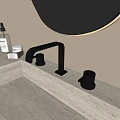 Modern Bathroom Faucet On Concrete Countertop With Round Mirror And Skincare Products