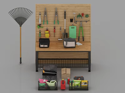 Organized Hardware Tools Display on Wooden Hanging Board with Workbench Toolboxes Cleaning Supplies and Broom 3d model