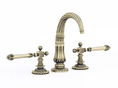 Vintage Style Brass Faucet with Double Decorative Handles and Ornate Carvings Design 3d model