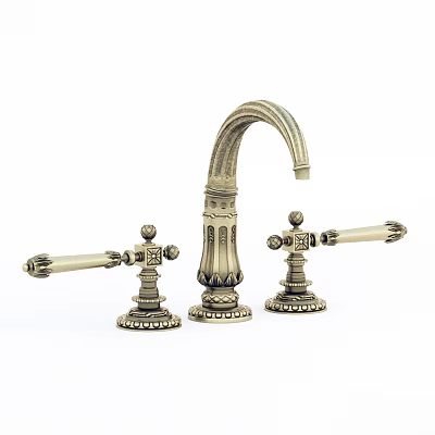 Vintage Style Brass Faucet with Double Decorative Handles and Ornate Carvings Design 3d model