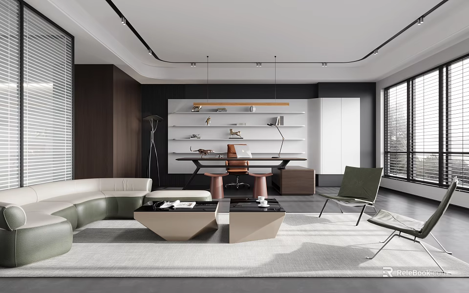 Elegant Modern Office Interior With Open Plan Sofa Desk Bookshelf And Floor to Ceiling Windows 3d model