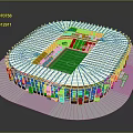 3D Model Of Modern Football Stadium With White Roof Green Pitch And Blue Stands