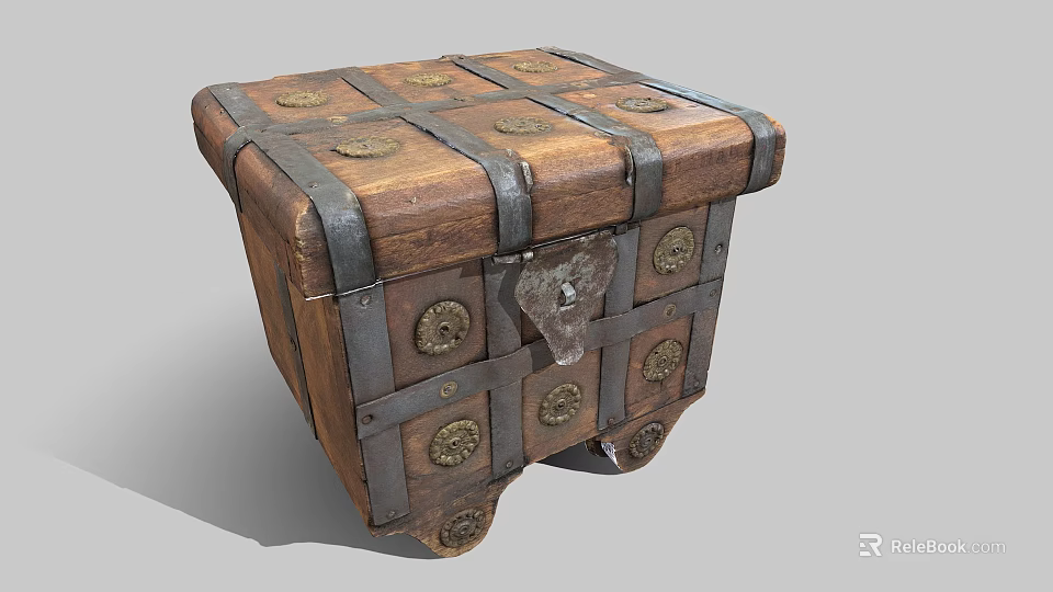 Vintage Wooden Storage Chest With Decorative Metal Straps Brass Rivets On Wheels 3d model 