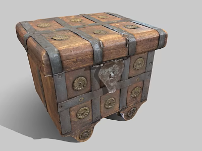 Vintage Wooden Storage Chest With Decorative Metal Straps Brass Rivets On Wheels 3d model