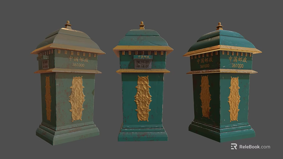 Green Public Mailboxes With Golden Decorations Numbered Panels And Ornate Tops 3d model 