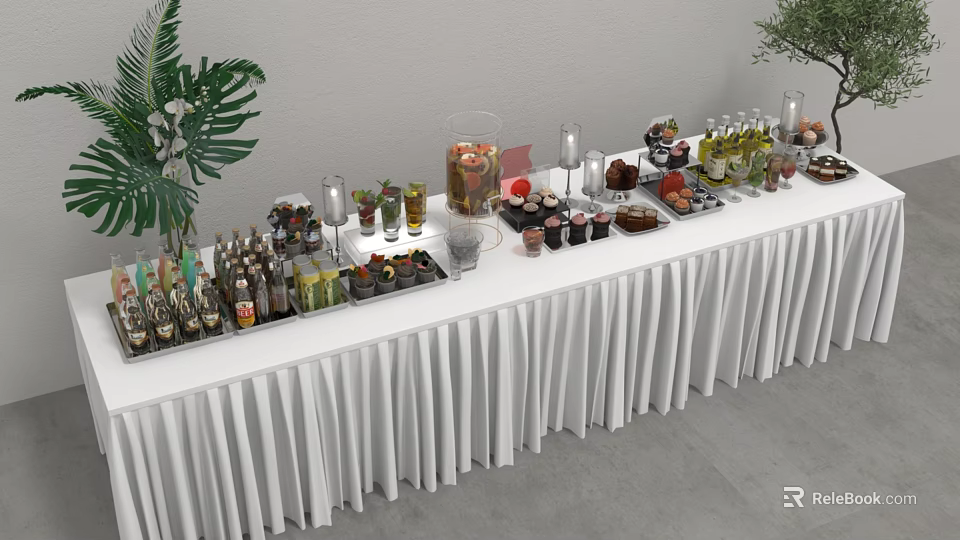 Restaurant Buffet Table With White Tablecloth Various Foods Drinks And Green Plants 3d model 