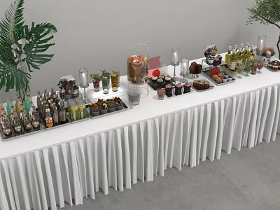 Restaurant Buffet Table With White Tablecloth Various Foods Drinks And Green Plants 3d model