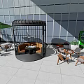 Modern Outdoor Lounge Area With Glass Curtain Walls Tables Chairs And Green Plants