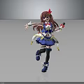 Anime Style Character With Brown Long Hair Red Hair Accessory Blue Outfit Holding Microphone Dancing