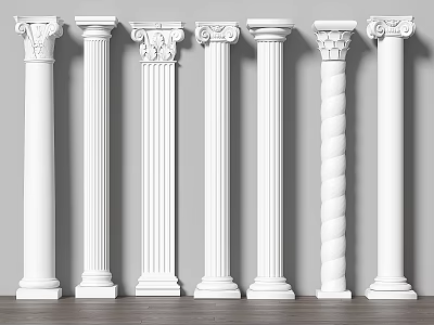 Classical White Roman Columns With Various Decorative Styles Including Twisted And Carved Details 3d model