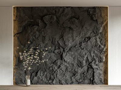 Black Rock Texture Background Wall With Wooden Frame Flower Vase And Wooden Floor 3d model