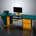 Modern Office Desk Design With Green Desktop Yellow Drawers Computer Monitor Mouse And Keyboard