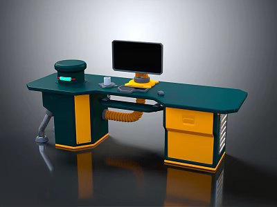 Modern Office Desk Design With Green Desktop Yellow Drawers Computer Monitor Mouse And Keyboard 3d model
