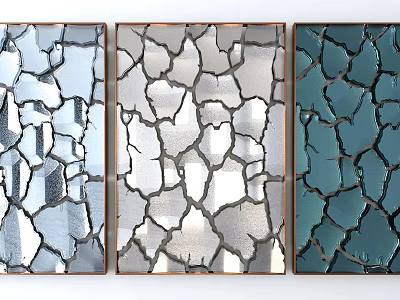 Set of Three Decorative Paintings with Cracked Texture Silver Gray and Blue in Brown Frames 3d model
