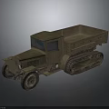 Vintage Tracked Truck With Open Cargo Bed Front Tires And Military Green Exterior