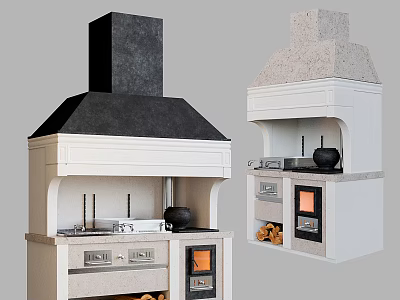 Kitchen Stove Designs With Black And Light Colored Range Hoods And White Main Bodies 3d model