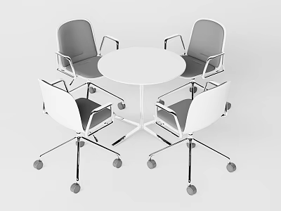 Modern Round Table and Chair Set with White Top Gray Cushions and Metal Wheels 3d model