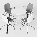 Modern Round Table and Chair Set with White Top Gray Cushions and Metal Wheels