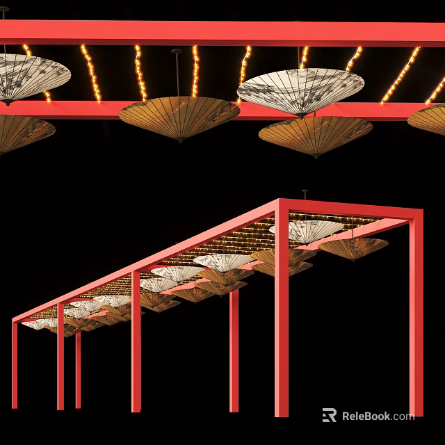 Garden Landscape Design With Red Frame Structures Paper Umbrella Decorations And Overhead Lighting 3d model