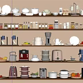 Organized Kitchenware Display On Shelves With Dishes Bowls Appliances And Fresh Fruits
