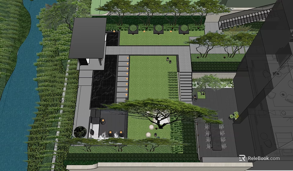 Modern Garden Landscape Design With Green Lawn Trees Water Feature And Paved Areas 3d model 