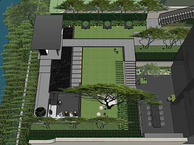Modern Garden Landscape Design With Green Lawn Trees Water Feature And Paved Areas 3d model