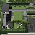 Modern Garden Landscape Design With Green Lawn Trees Water Feature And Paved Areas