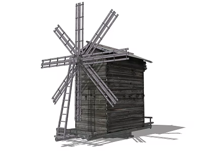 Traditional Wooden Windmill Architectural Structure With Rotating Blades And Ladder 3d model
