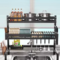 Organized Kitchen Shelf With Jars Pots Colorful Plates And Cooking Utensils