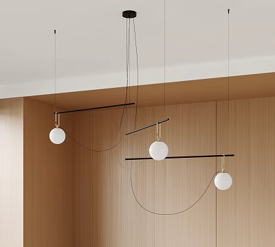 Modern Spherical Pendant Chandelier With Black Metal Bars In Wooden Wall Interior 3d model